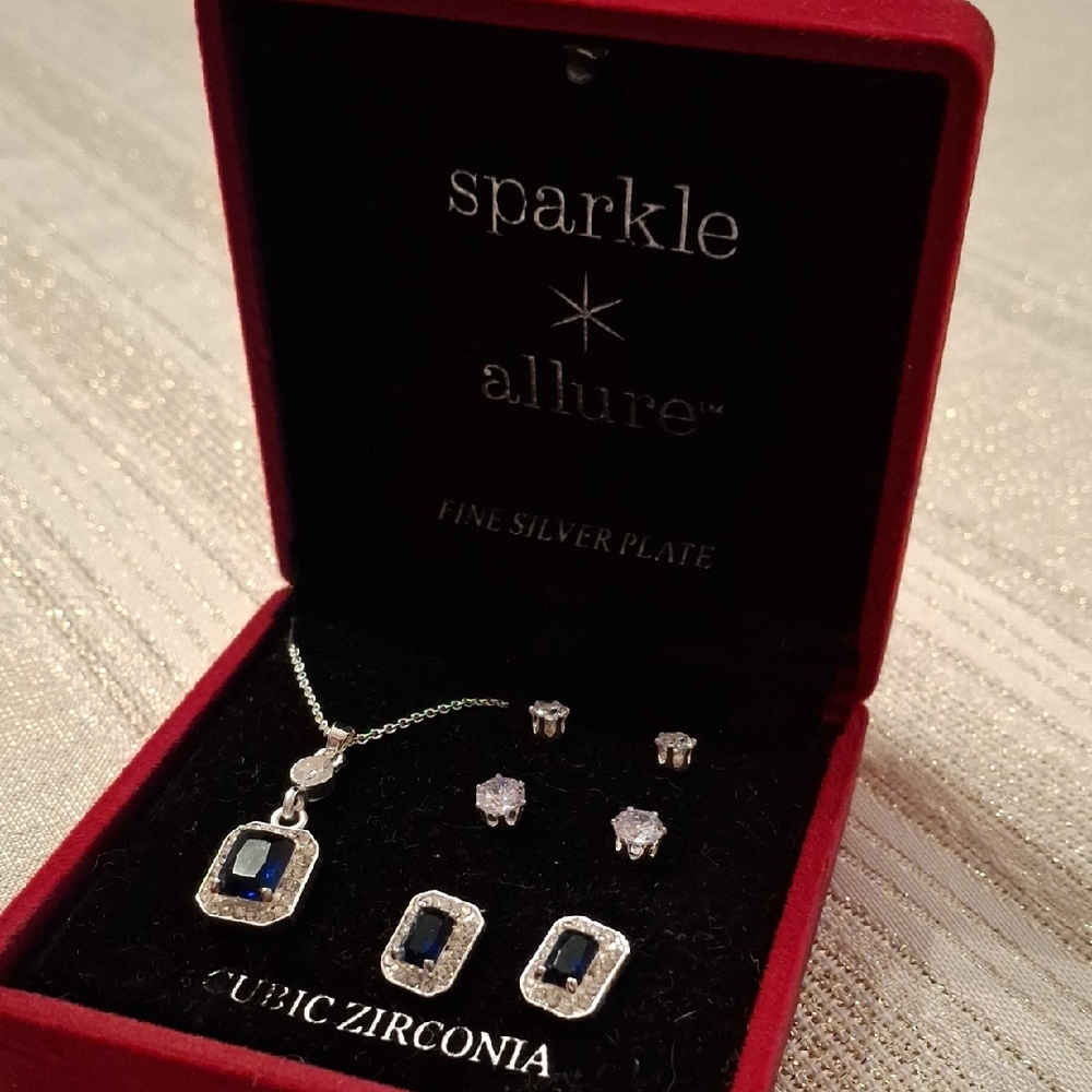 💎 NWOT Allure Silver-Plate Necklace & Earring Set with Blue and Clear Stones 💎